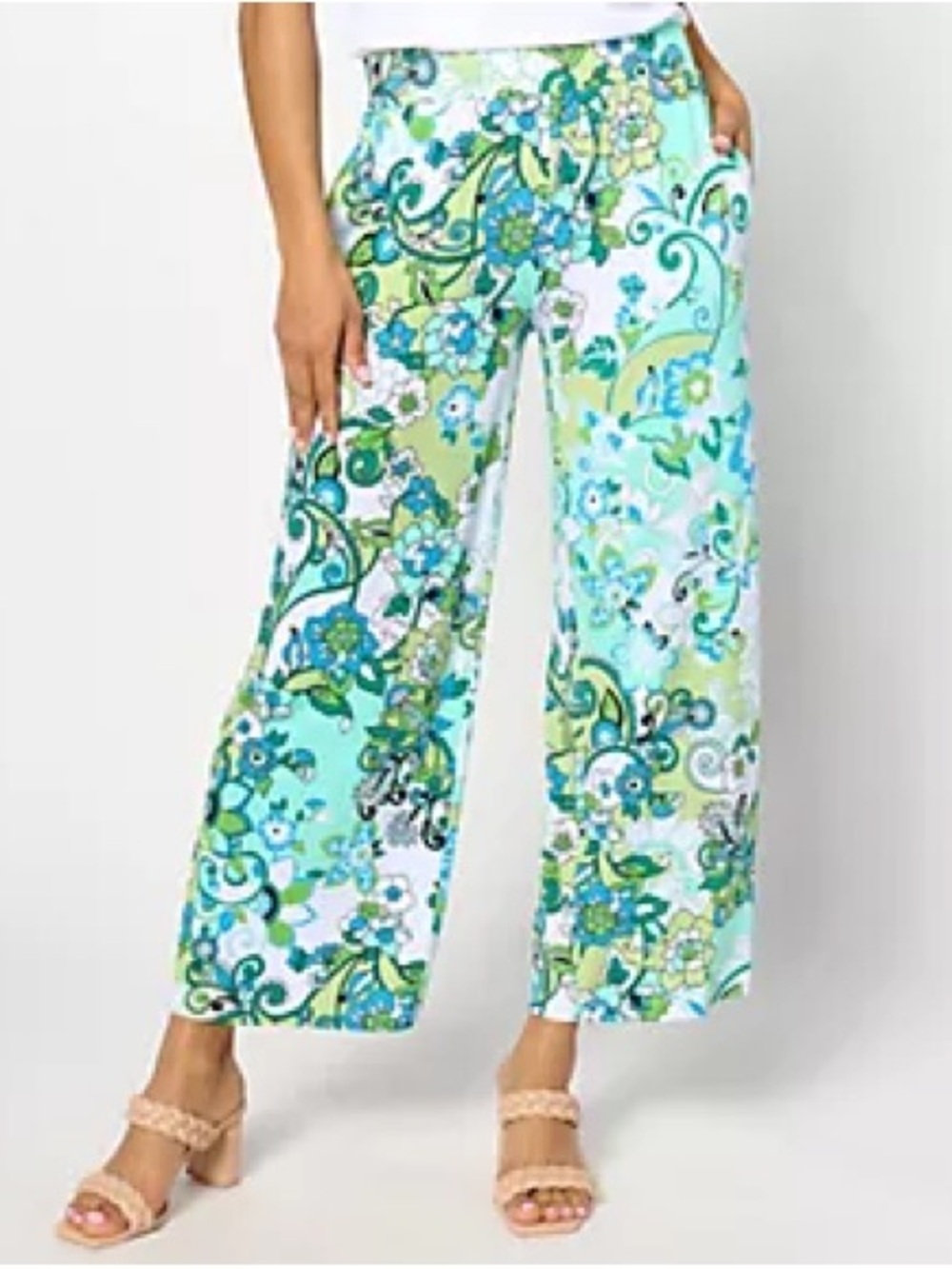 Susan Graver Aqua and Green Floral Wide-Leg Palazzo Pants